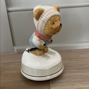 Charming Porcelain Musical Bear Figurine with Hat and Scarf